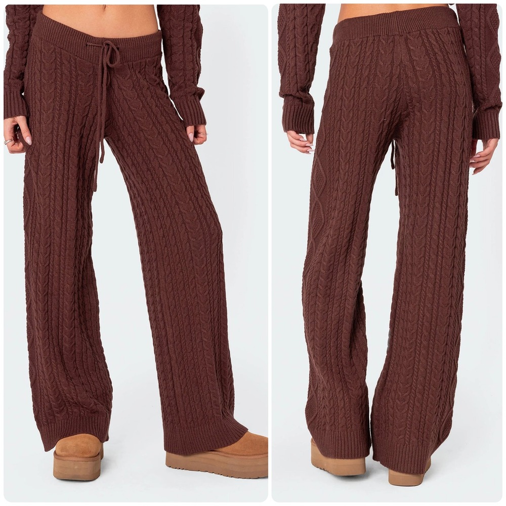 Edikted Women Jelena Brown Cable Knit Cozy Coquette Wide Leg Lounge Pants Size M